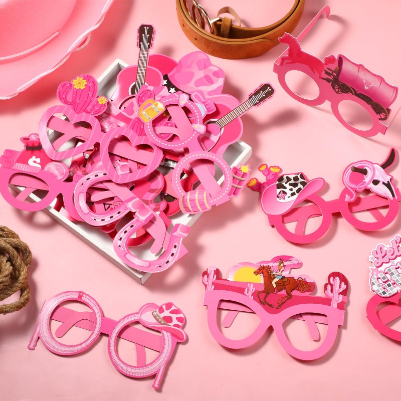 Herdear 32 Pcs Western Cowboy Party Decorations Pink Cowgirl Wild West Paper Glasses Horse Rodeo Photo Booth Props Girls Disco Eyeglasses Supplies for Girls Bachelorette Cowgirl Birthday Party Favor - Image 4
